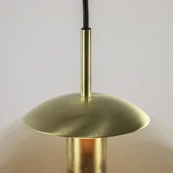 Amber glazen hanglamp 30 cm met messing en zwart><noscript><img width=