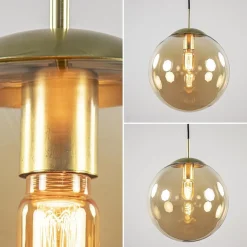 Amber glazen hanglamp 30 cm met messing en zwart><noscript><img width=