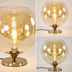 Amber glazen tafellamp met gouden voet><noscript><img width=