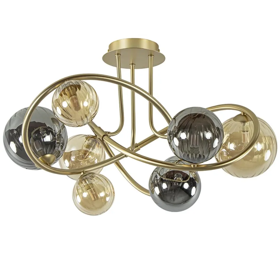 Art Deco plafondlamp goud met smoke en amber glas>Straluma Sale