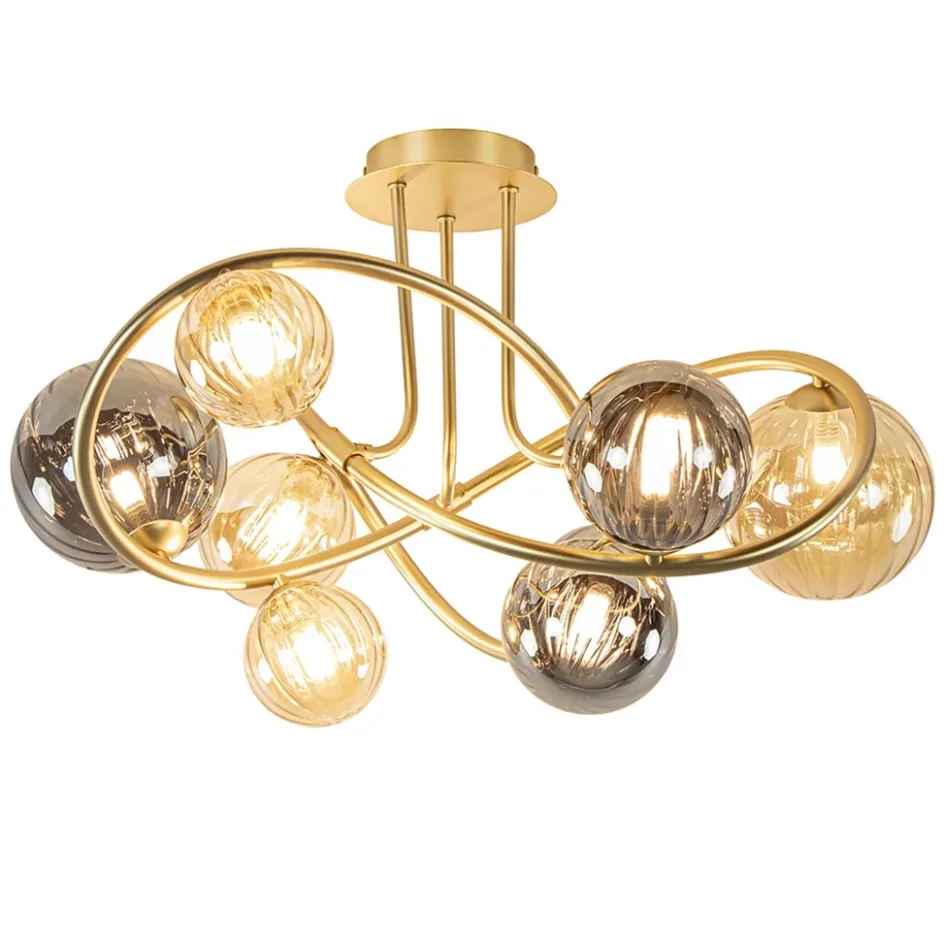 Art Deco plafondlamp goud met smoke en amber glas>Straluma Sale