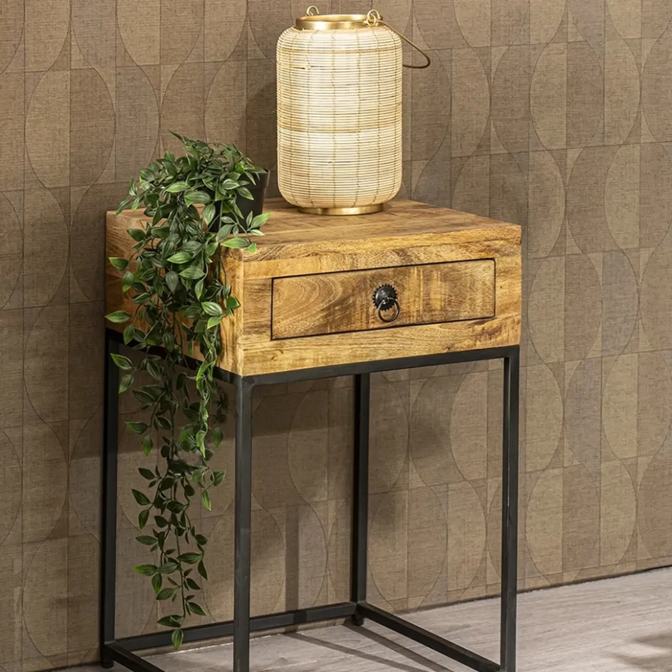 Bijzettafel met lade mangohout/metaal>Straluma New