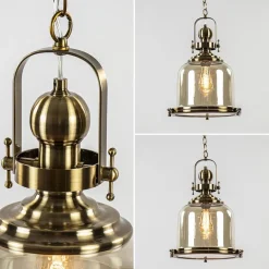 Bronzen scheepslamp met amber glas 33 cm><noscript><img width=