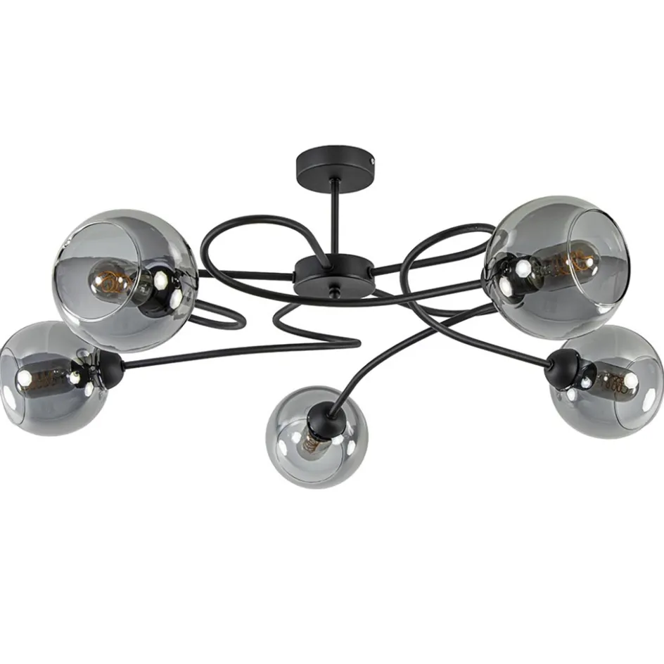 Chique 5-lichts plafondlamp zwart met smoke glazen bollen>Straluma Clearance