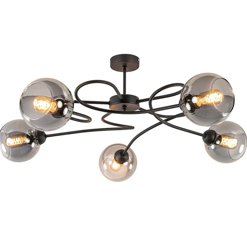 Chique 5-lichts plafondlamp zwart met smoke glazen bollen>Straluma Clearance