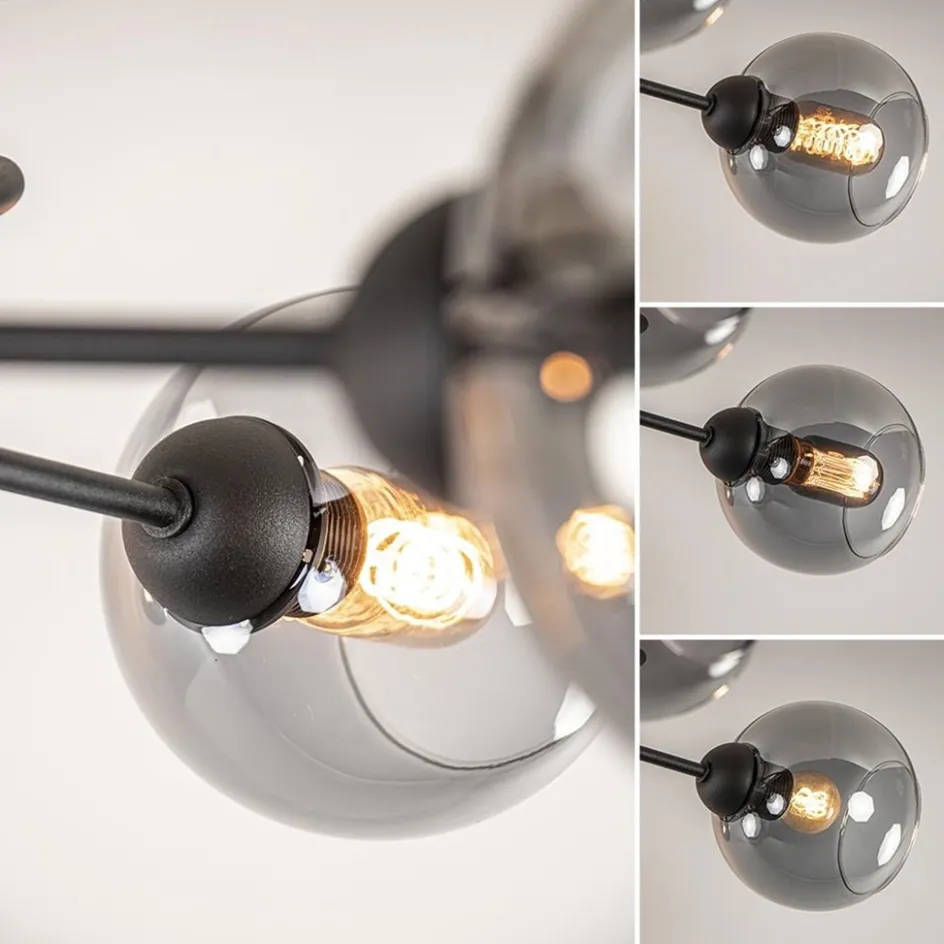 Chique 5-lichts plafondlamp zwart met smoke glazen bollen>Straluma Clearance