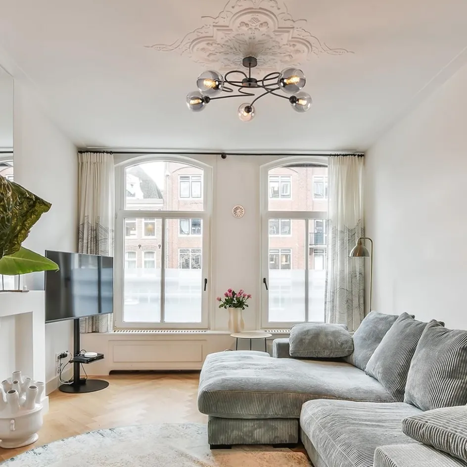 Chique 5-lichts plafondlamp zwart met smoke glazen bollen>Straluma Clearance