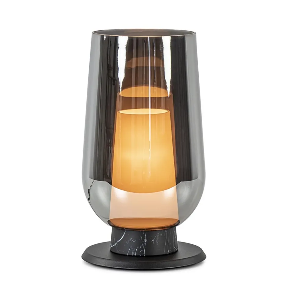 Chique tafellamp zwart marmer met smoke glazen kap>Straluma