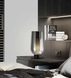 Chique tafellamp zwart marmer met smoke glazen kap><noscript><img width=