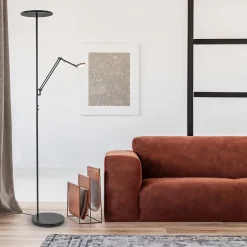 Design LED uplighter met leesarm zwart geborsteld staal><noscript><img width=