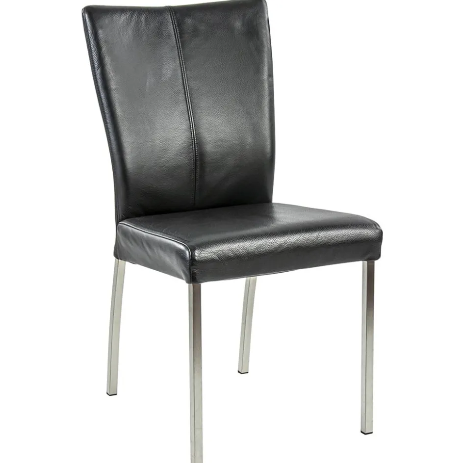 Eetkamerstoel zwart lederen zitting met RVS poten>Straluma Discount