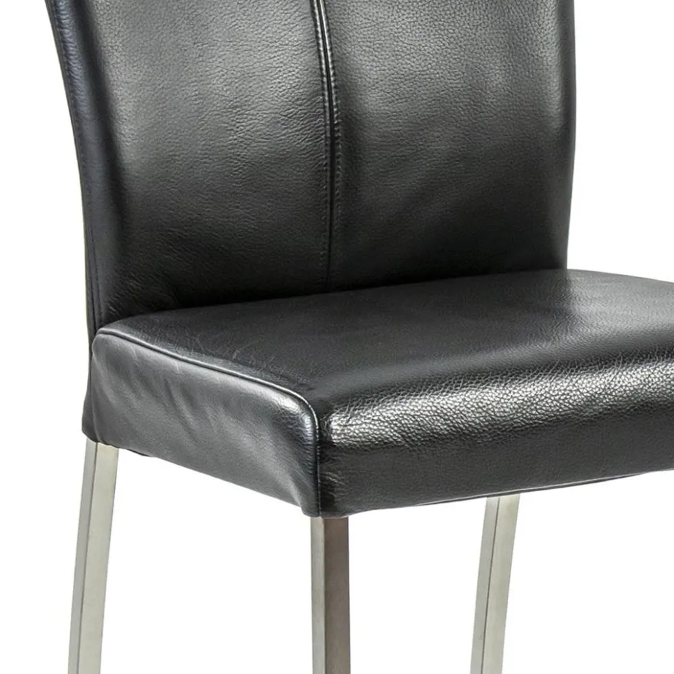 Eetkamerstoel zwart lederen zitting met RVS poten>Straluma Discount