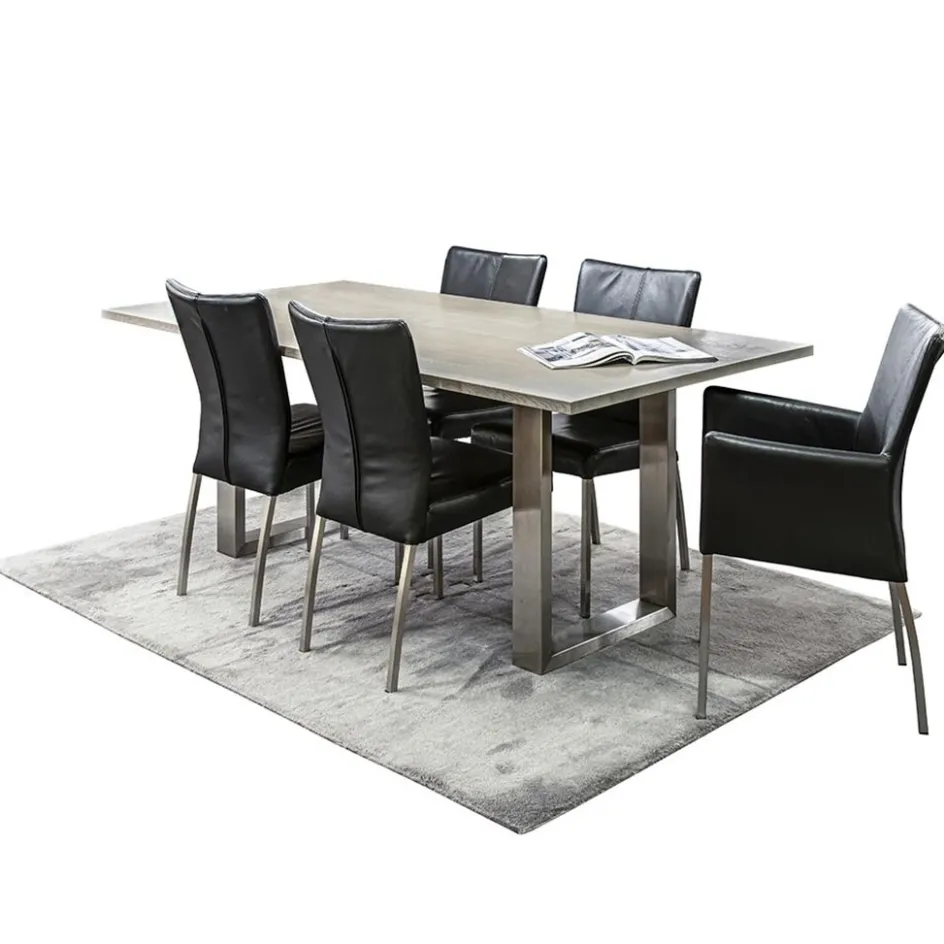 Eetkamerstoel zwart lederen zitting met RVS poten>Straluma Discount