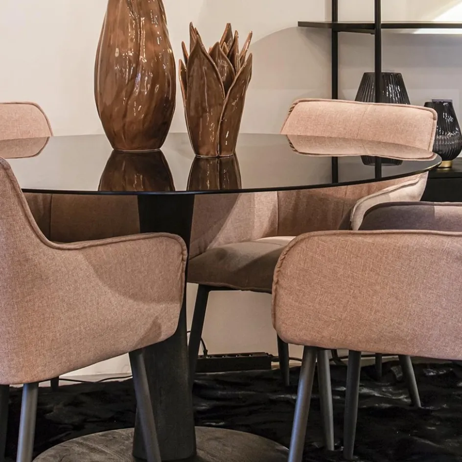 Eetkamertafel ronde glazen plaat zwart met mango houten voet>Straluma Hot