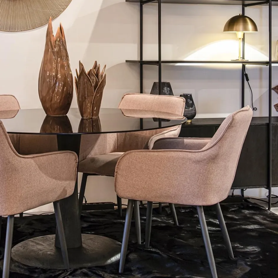 Eetkamertafel ronde glazen plaat zwart met mango houten voet>Straluma Hot