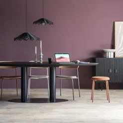 Eettafel ovaal zwart eiken met metalen poot 300x120 cm><noscript><img width=