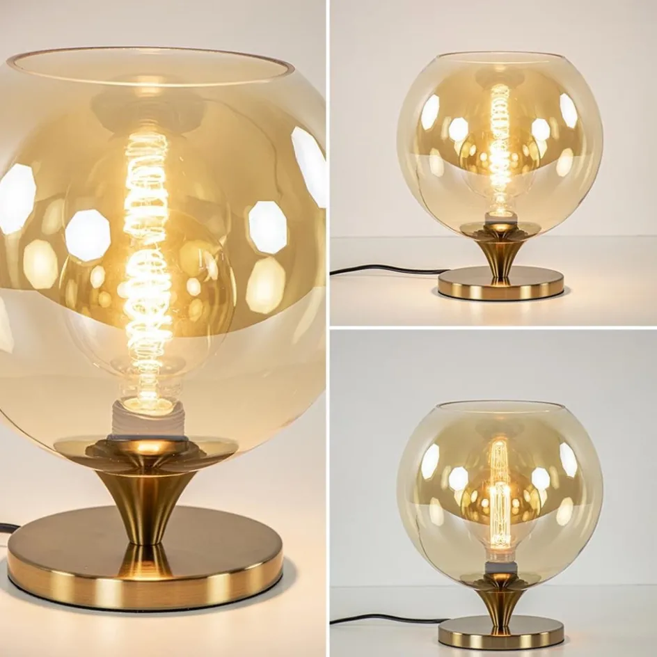 Elegante tafellamp donker goud met amber glazen bol 25 cm>Straluma