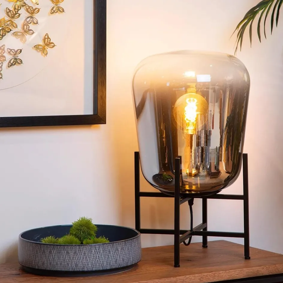 Elegante tafellamp zwart frame met smoke glazen kap>Straluma Best