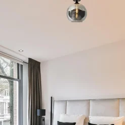 Globe plafondlamp zwart met smoke/titanium glas 30 cm><noscript><img width=