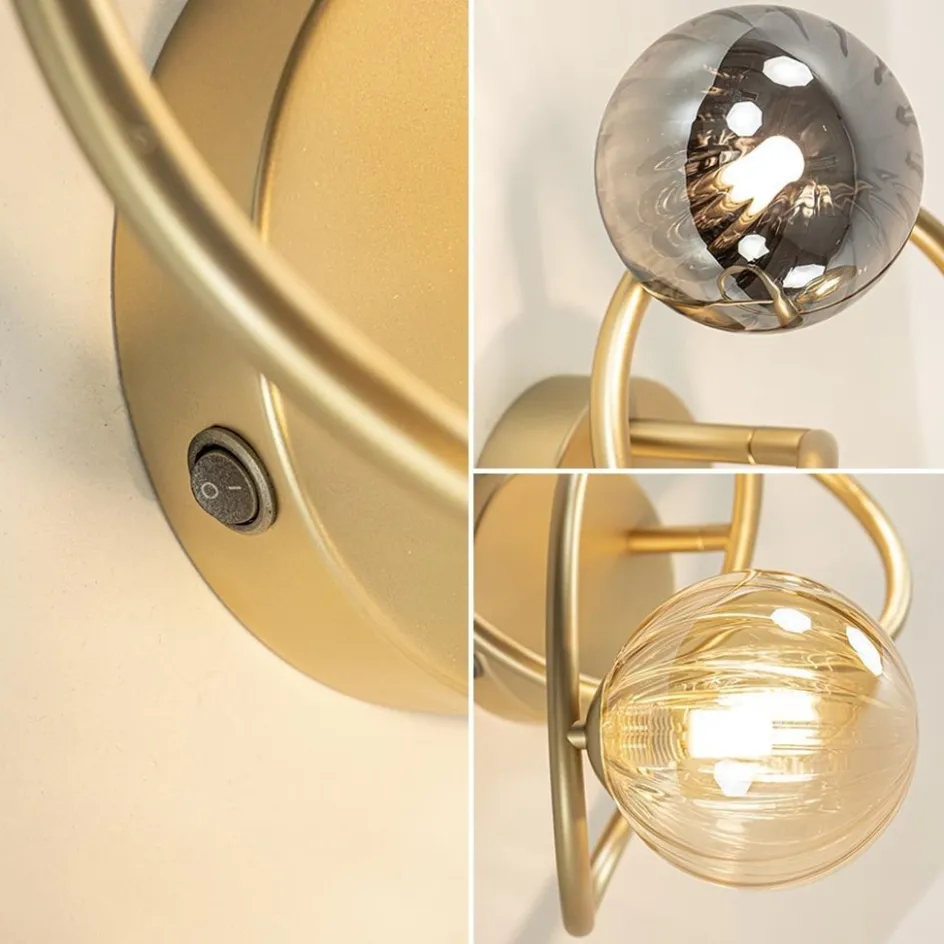 Gouden wandlamp met smoke en amber glas>Straluma Online