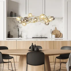 Grote hanglamp goud met amber/smoke glazen bollen><noscript><img width=