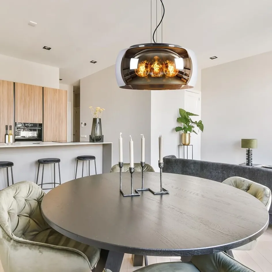 Grote hanglamp zwart met smoke glazen kap>Straluma Online