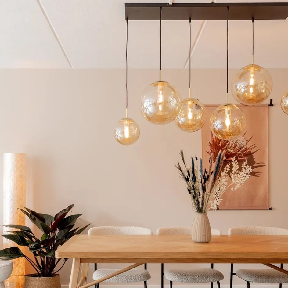 Grote 6-lichts eettafelhanglamp messing met amber glazen bollen>Straluma Hot