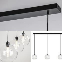 Grote 3-lichts hanglamp met helder glas en zwarte balk><noscript><img width=