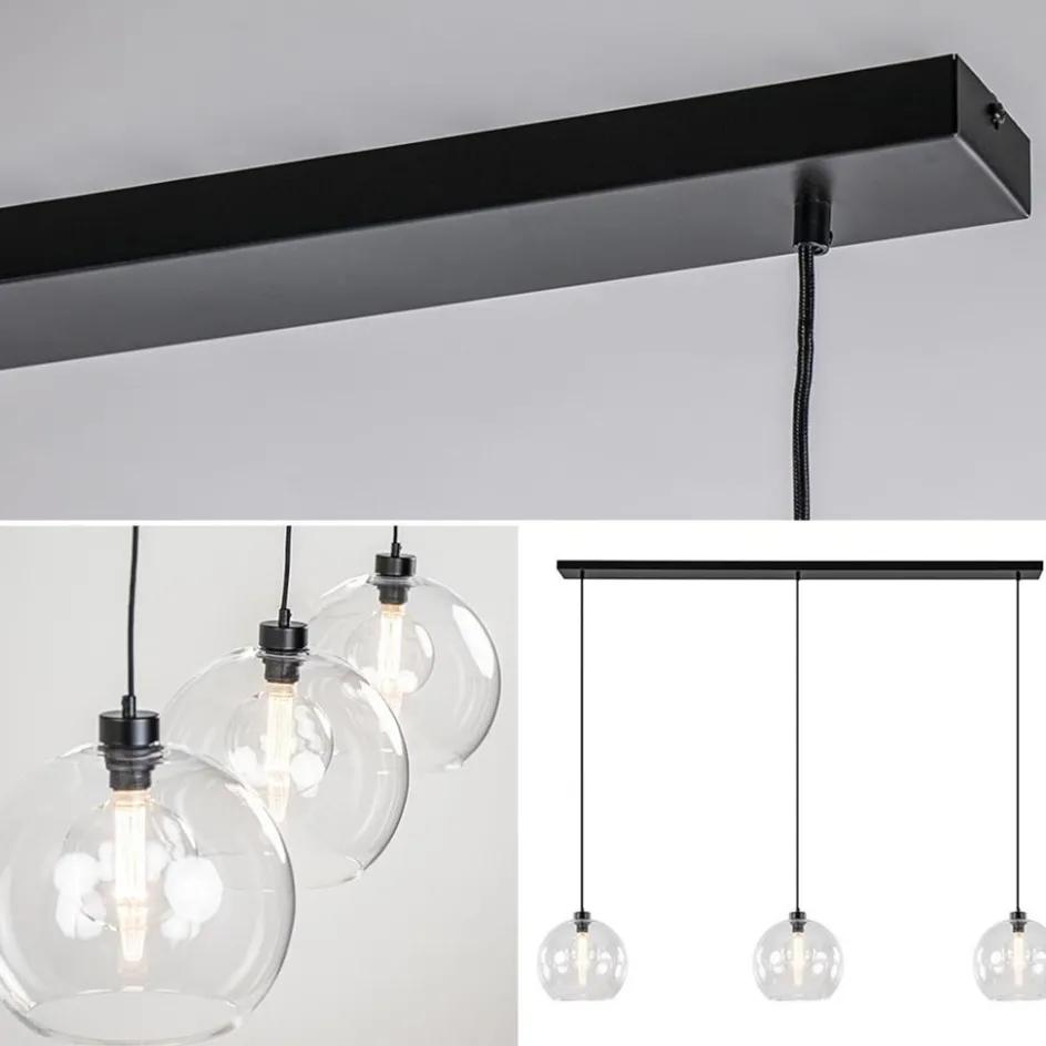 Grote 3-lichts hanglamp met helder glas en zwarte balk>Straluma Best