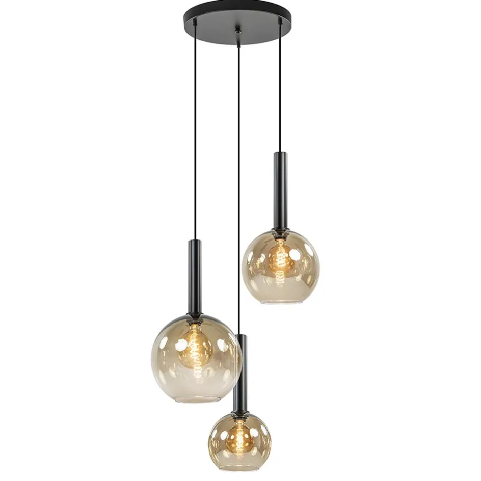 Hanglamp Bella 3L rond zwart+smoke glas>Straluma Best