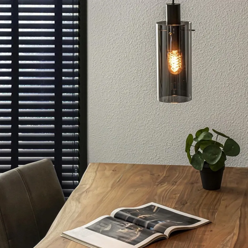 Hanglamp cilinder zwart met smoke glas>Straluma Online