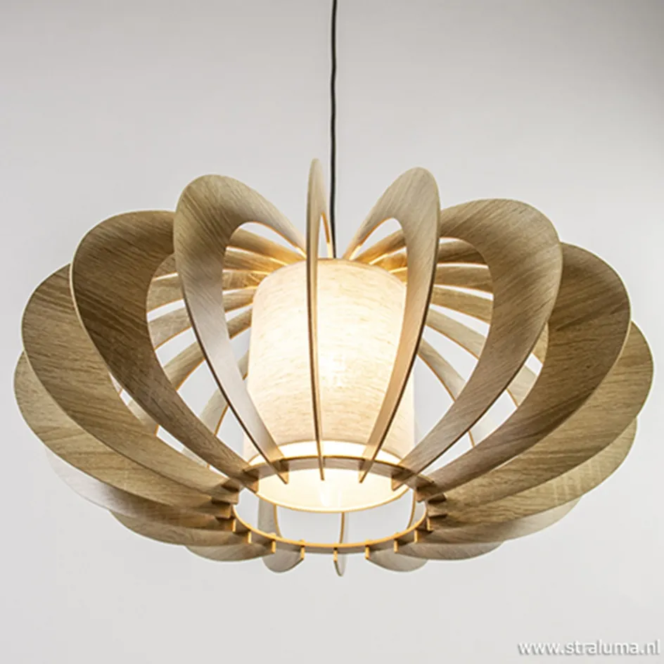 Hanglamp 64cm houten lamellen+linnen kap>Straluma Clearance