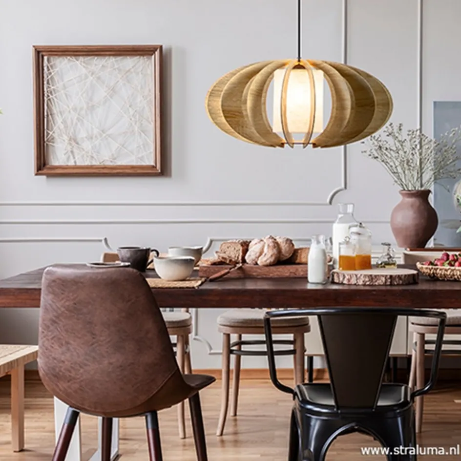 Hanglamp 64cm houten lamellen+linnen kap>Straluma Clearance