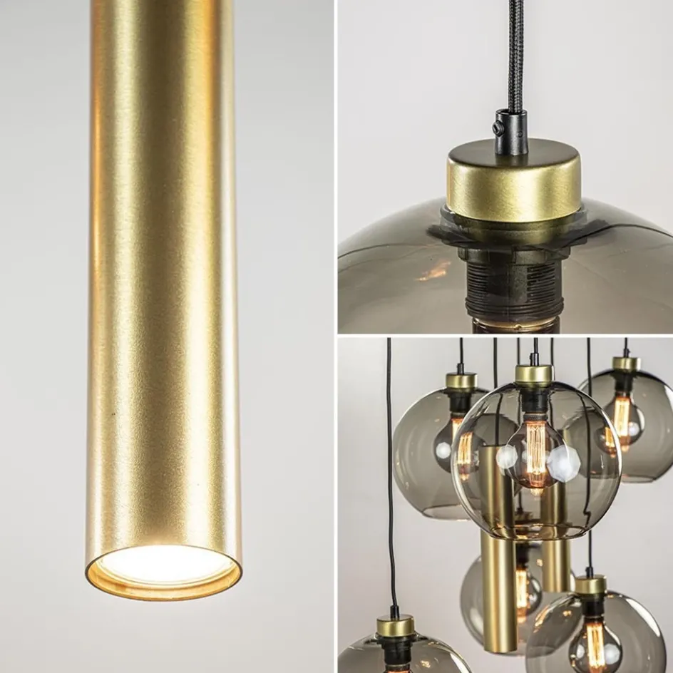 Hanglamp Globe 8L 6x glas/2xbuis goud>Straluma Clearance