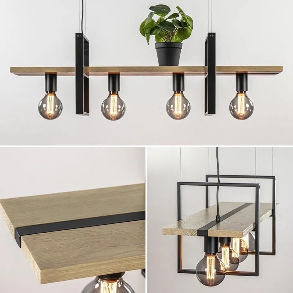 Hanglamp 4L zwart met houten planken>Straluma Clearance