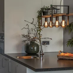 Hanglamp 4L zwart met houten planken><noscript><img width=