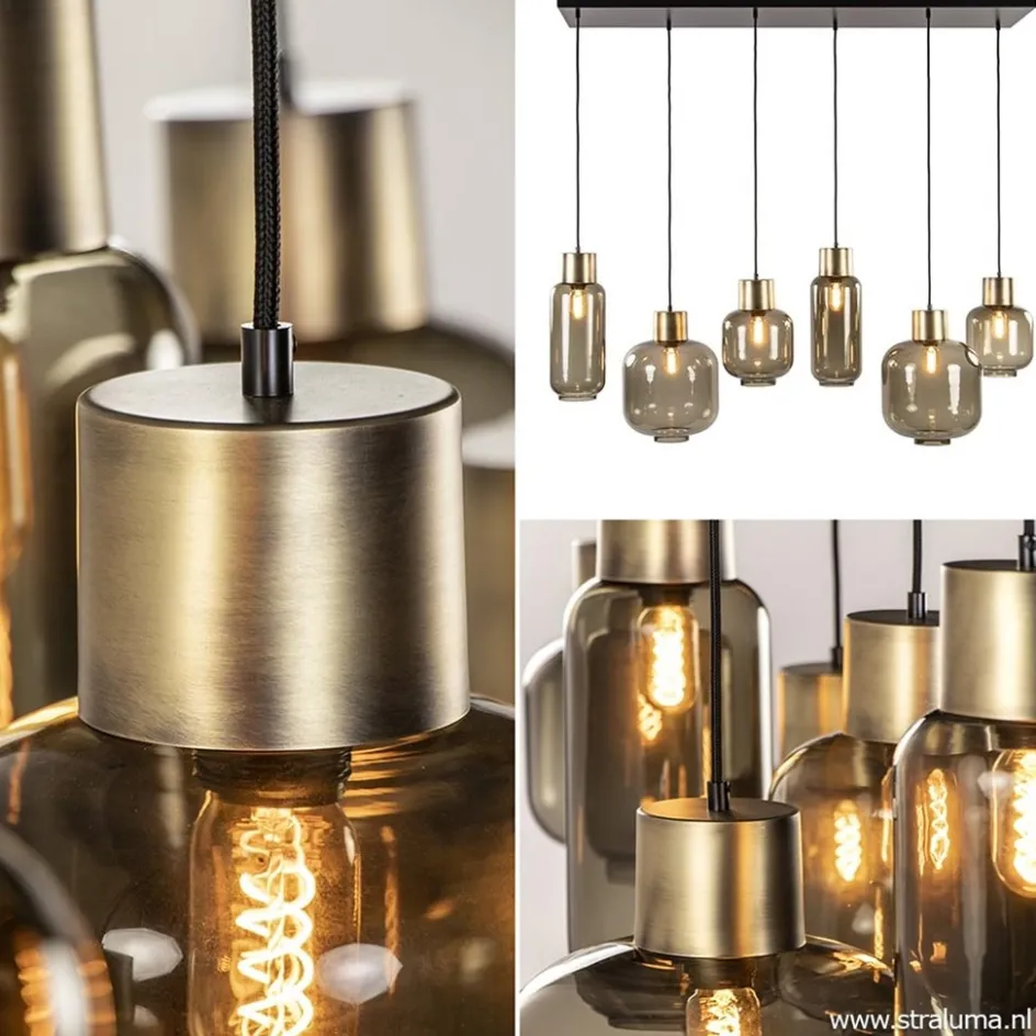Hanglamp Lett 6L zwart/brons+glas smoke>Straluma