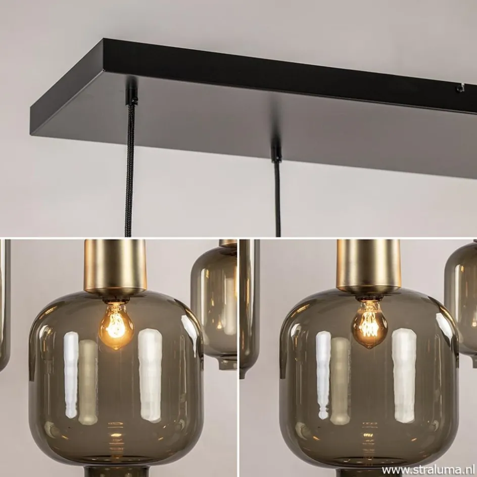 Hanglamp Lett 6L zwart/brons+glas smoke>Straluma