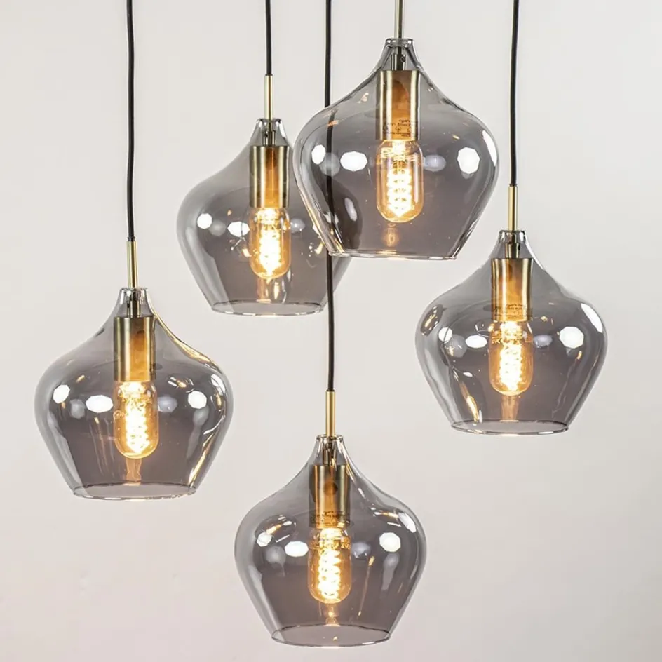 Hanglamp Rakel 5L rond antiek brass + smoke glas>Straluma Discount