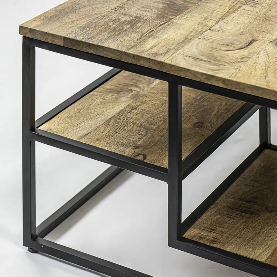 Hoektafel mangohout met zwart frame 70x70x40 cm>Straluma Clearance