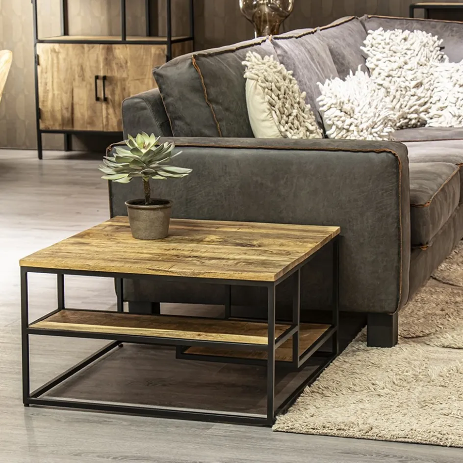 Hoektafel mangohout met zwart frame 70x70x40 cm>Straluma Clearance