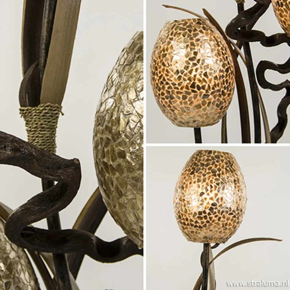 Houten vloerlamp met kelk van schelpen>Straluma Online