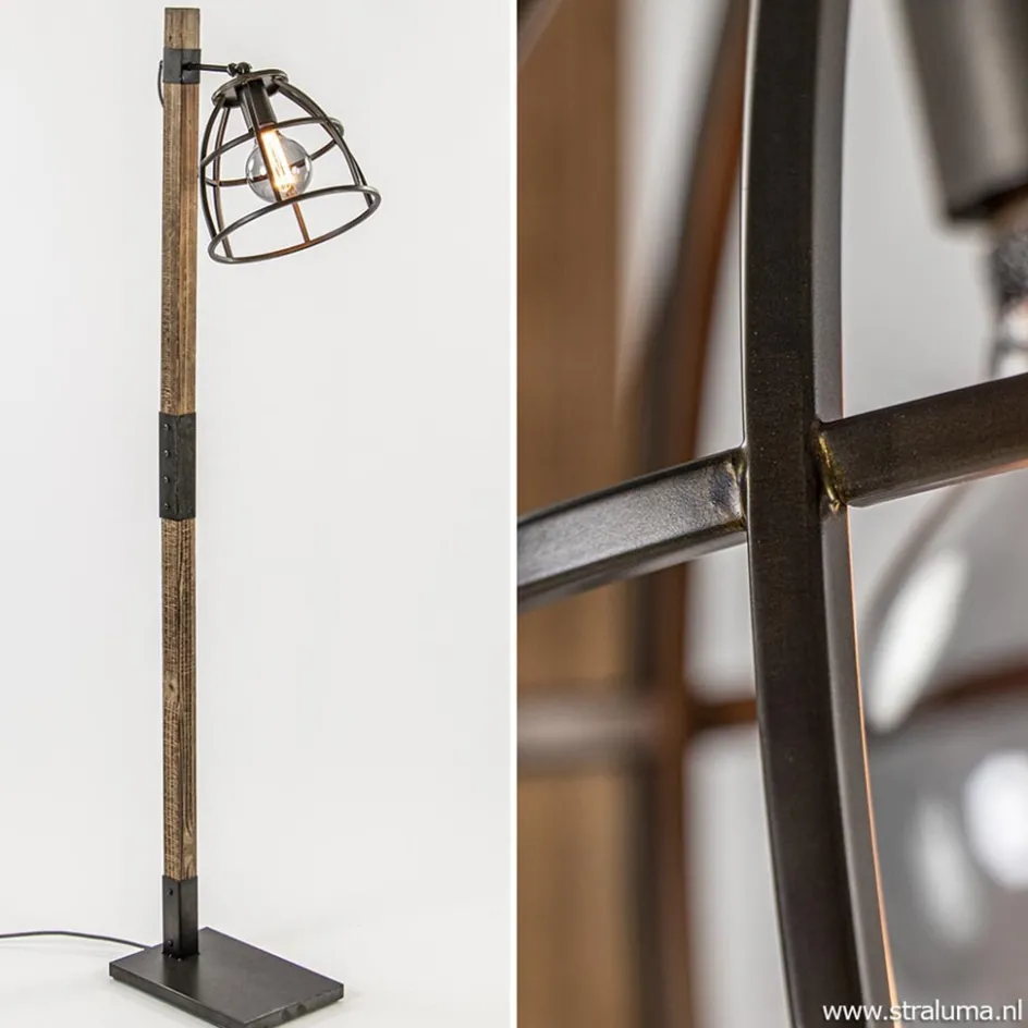 Industrieel landelijke vloerlamp Matrix hout met metalen korf>Straluma New