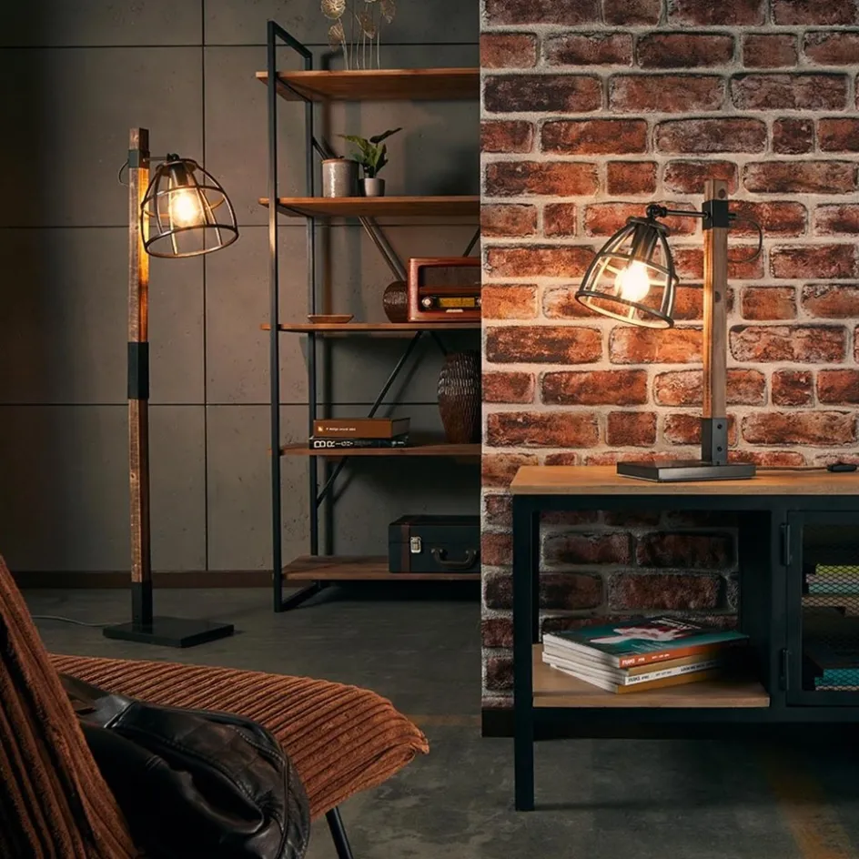 Industrieel landelijke vloerlamp Matrix hout met metalen korf>Straluma New