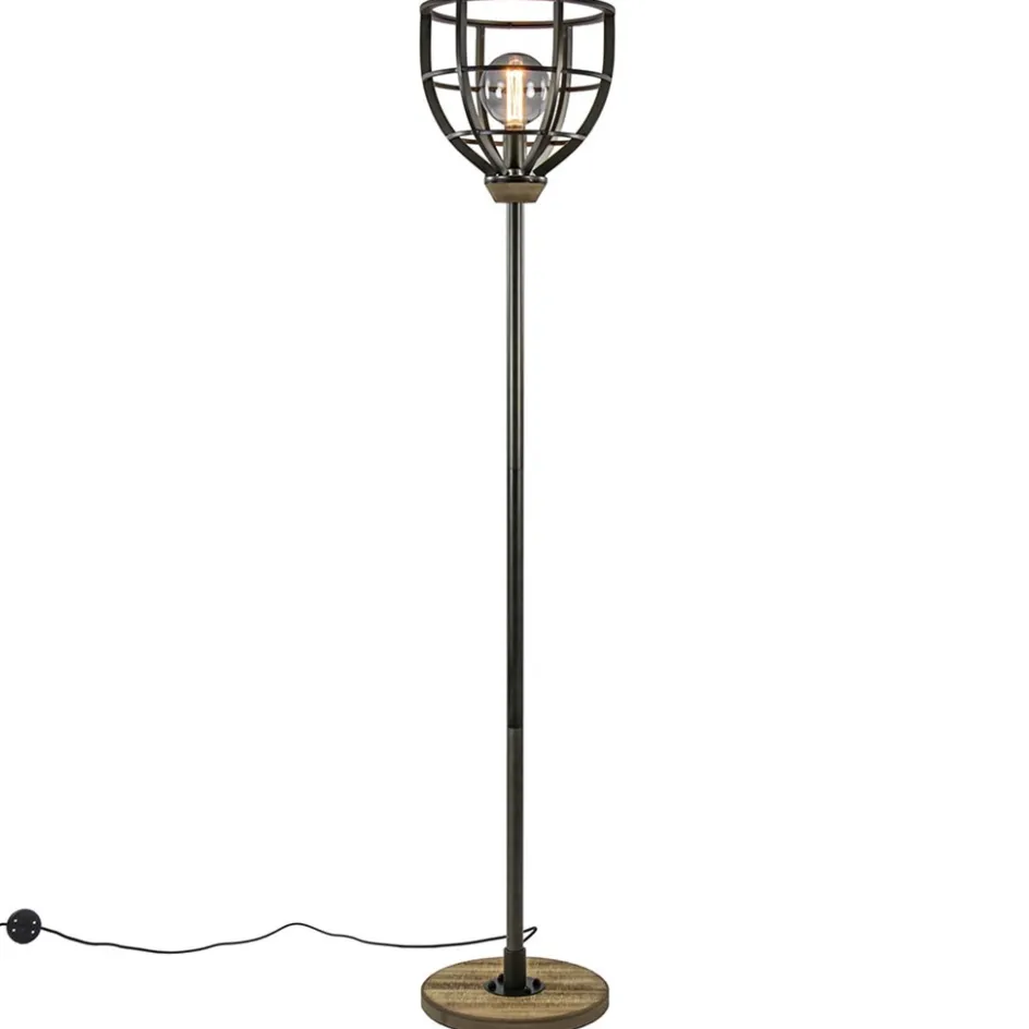 Industriële vloerlamp zwart staal met houten details>Straluma New