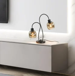 Klassieke 2-lichts tafellamp zwart met smoke glas><noscript><img width=