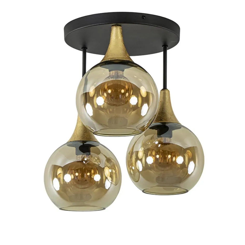 Klassieke plafondlamp zwart/goud met amber glas>Straluma Best