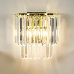 Klassieke wandlamp goud met helder glazen pegels><noscript><img width=