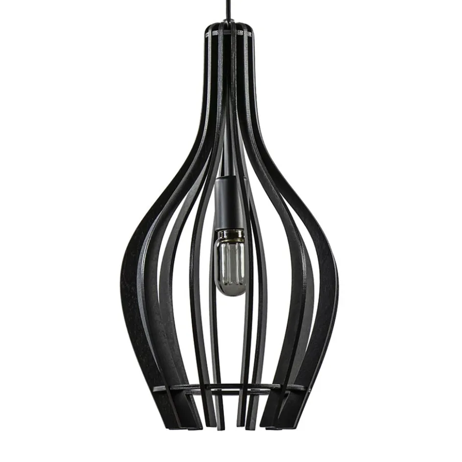 Kleine hanglamp kegel houten lamellen zwart>Straluma Clearance