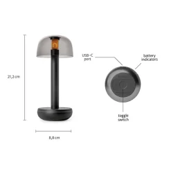 Kleine LED tafellamp oplaadbaar mat zwart met smoke glas>Straluma Online